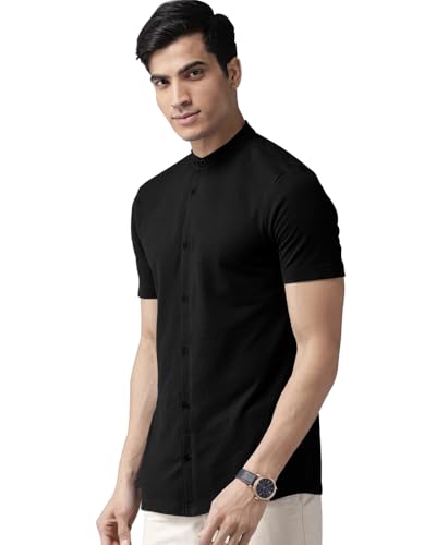 Image of Noble Monk Mens Cotton Blend Half Sleeve Solid Shirt | Henley Neck | Casual Shirt for Men