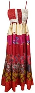 Women Silk Maxi Dress, Red Handmade Tiered, Flared Summer Dress S/M