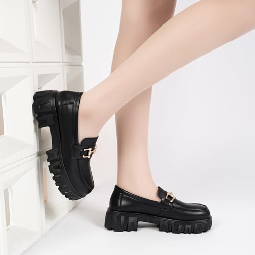 Image of Maichal Platform Loafers for Women Slip On Chunky Heel Lug Sole Shoes Business Work Dressy Loafers with Chain