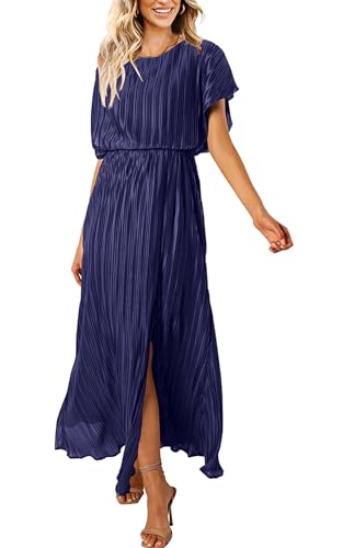 Image of ECOWISH Women Maxi Dresses Cocktail Party Wedding Guest Formal Pleated Long Dress Short Sleeve Slit Empire Waist Evening Gown