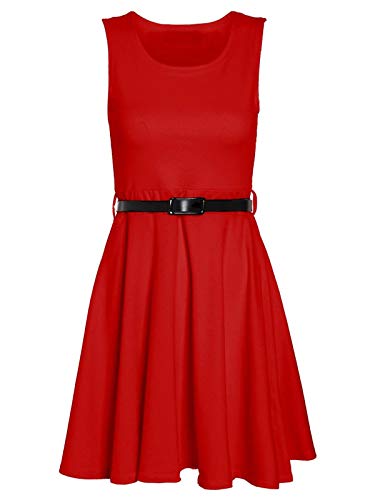 Colop Womens Ladies Skater Dress Sleeveless Tailored Belted Dresses Short Party 8-26 (Red, 8-10)