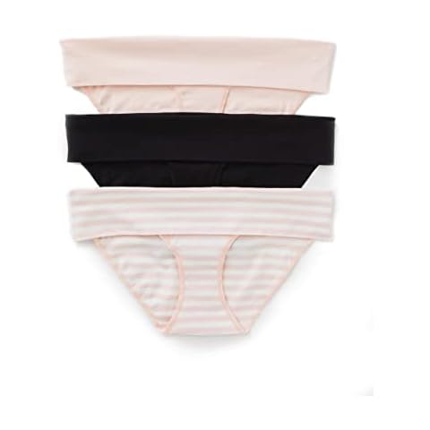 Motherhood Maternity Women's 3 Pack Fold Over Underwear, Black, Pink, Egret/Pink Stripe, M Cover