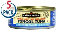 Crown Prince Natural Tongol Tuna Chunk Light In Spring Water No Salt Added -- 5 oz Each / Pack of 5