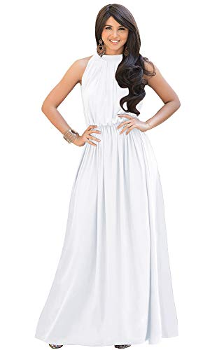 KOH KOH Womens Long Sexy Sleeveless Bridesmaid Halter Neck Wedding Party Guest Summer Flowy Casual Brides Formal Evening A-line Gown Gowns Maxi Dress Dresses, Ivory White L 12-14