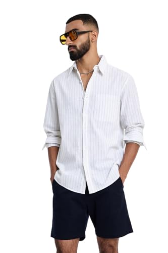 Image of SNITCH Men Semi-Formal Shirt | Modern Slim Fit Full Sleeve Point Collar Vertical Stripe Pattern | Cotton Blend Stretch Fabric for Office & Business Casual Wear