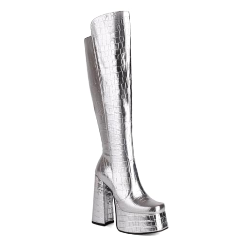 Women's Crocodile Chunky Heel Platform Square toe Knee High Boots Side Zipper Tall Boots Comfortable Stylish High heels Winter Boots
