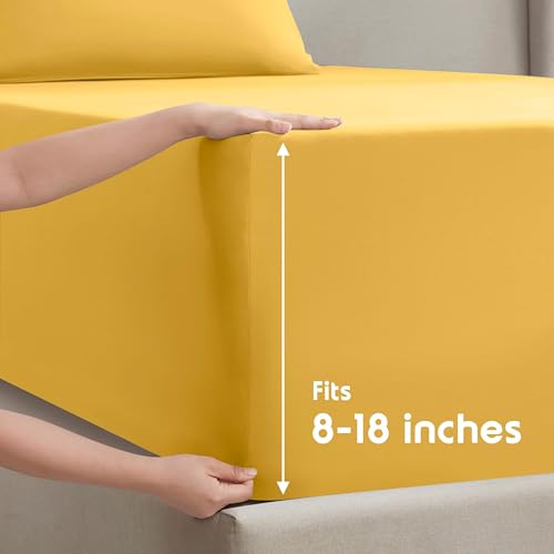 Image of Nestl Queen Bed Sheet Set - Yellow - 4-Piece Deep Pocket | Instantly Soft, Night-One Ready (No Wash Required). Fits 16-Inch Deep Pockets, 360-Degree Elastic Grip
