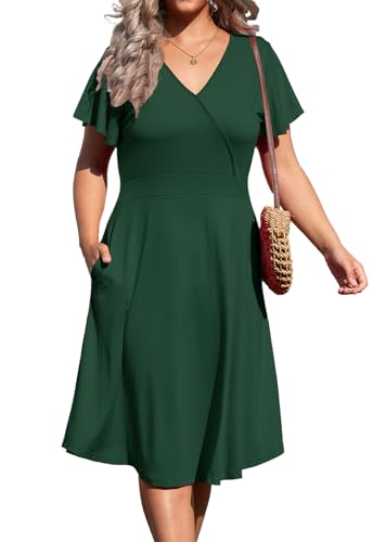 Image of Women's Plus Size Summer Dresses V Neck Ruffle Short Sleeve Casual Wrap A Line Midi Dress with Pockets