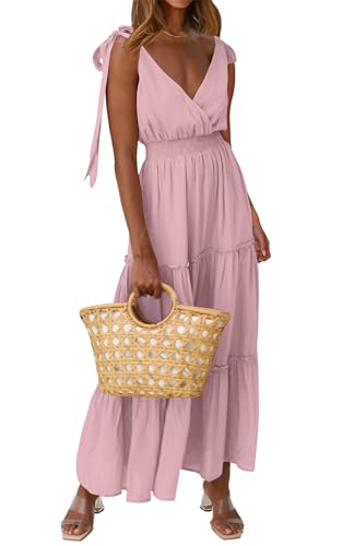 Image of PRETTYGARDEN Women's Cross Neck Summer Sleeveless Tiered Maxi Dress Beach Tie Strap Smocked Long Dresses Pleated Sundress