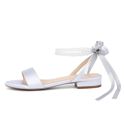 Image of Satin Wedding Flats for Bride Pearl Sandals Open Toe Bridal Shoes Flat Wedding Shoes for Bride