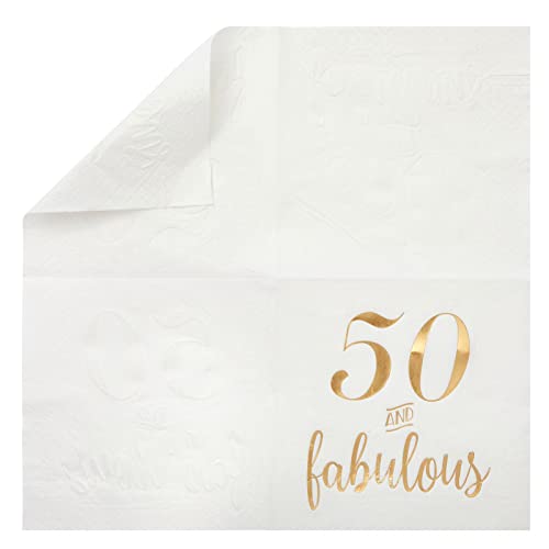 50 Pack White 50Th Birthday Napkins, Gold Foil 50 And Fabulous Party Supplies (5X5 In) #TOP5