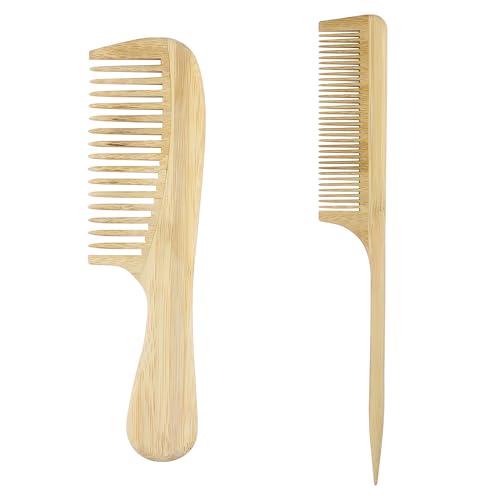 Image of 2 Pcs Bamboo Comb Set, Natural Anti-Static Wooden Wide Tooth Comb, Wooden Fine Tooth Combs Set for Curls, Straight, Curly, Wavy, Thick Hair
