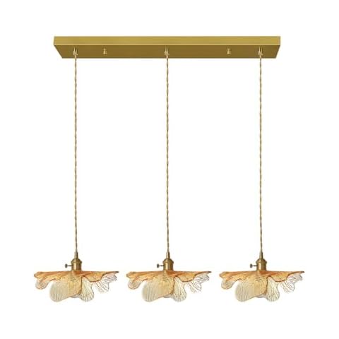Auwieou Mid Century Modern Chandelier 3 Light Glass Pendant Lights with Hand Blown Amber Glass Shade Brass Pendant Light Farmhouse Gold Adjustable Hanging Light for Kitchen Dining Room Bedroom Cover