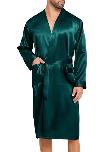 Lovasy Męski szlafrok z satyny, kimono, lekka jedwabna koszula nocna z długim rękawem, kąpielowy szlafrok z paskiem i kieszeniami, XXL