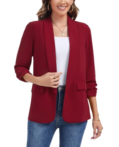Women's Ruched 3/4 Sleeve Blazers Casual Shawl Lapel Work Padded Shoulder Open Front Blazer Jackets Pocket
