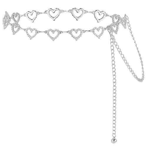 UNICRAFTALE Heart Chain Belt Metal Jean Chain Belt Crystal Rhinestone Heart Link Waist Chain Belts Platinum Adjustable Belly Chains for Jeans Dresses Wedding Dress Bridal Belt