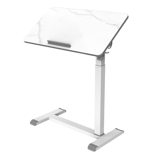 ETHU サイドテーブル 角度調整天板 90度回転 無段階高さ調節71〜107cm 昇降式 スタンディングデスク キャスター付き 移動式 在宅勤務 在宅ワーク 立ち仕事対策 介護用 ベッドテーブル 大理石調