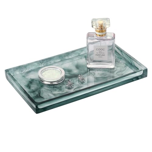 Emibele Bathroom Vanity Tray Countertop, 10″ Rectangular Marble Resin Tray | Dresser Kitchen Sink Tray, for Jewelry Cosmetic Perfume Soap Candle, Lightweight Waterproof Tray, Medium, Ink Green