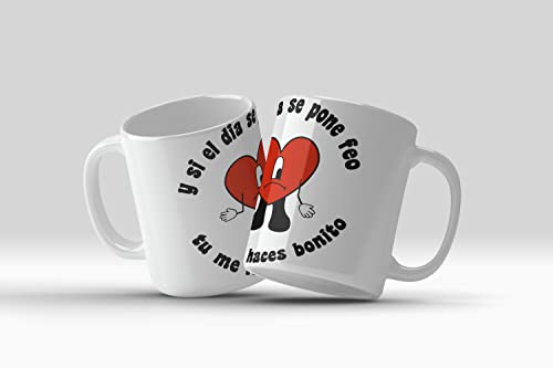 newseny Taza Bad Bunny y si el dia se pone feo tu me lo haces bonito - Regalo para fans de Bad Bunny Cerámica 355ml (ysieldiaseponefeo)