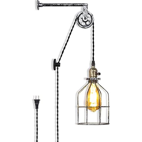 Modern Industrial Rustic Silver Cage Wall Lamp Lift Pipe Pulley - Adjustable Retro Pendant Lamp Wall Light Fixture with Plug in Cord - Vintage Wall Sconce for Living Room Restaurant Office, no Bulb Cover
