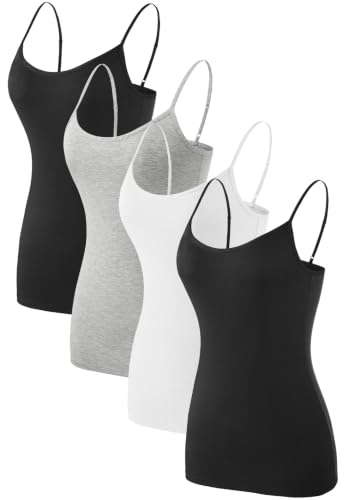 Komfokore Damen Unterhemden Verstellbar Spaghettiträger Tank Top Basic Camisole Ultra Soft Schichtung Top 4er Pack Schwarz/Weiß/Schwarz/Grau M