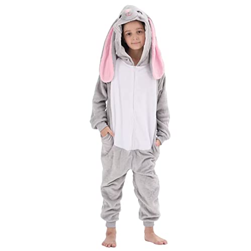 Kids Onesie Costume For Boys Girls Halloween Animal Cosplay One Piece Flannel Hooded Gray Rabbit S #TOP2