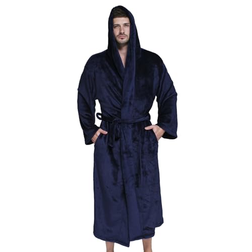 Men Hooded Flannel Robes Warm Fleece Bathrobe Long Soft Plush Robe Fleece Nightgown Sleepwear with Pockets