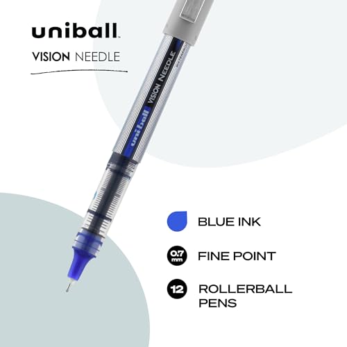 Image of Uni-Ball uniball Vision Needle Rollerball Pens with 0.7mm Fine Point, Blue, 12 Count (Pack of 12)