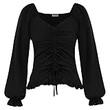 GRACE KARIN Damen Einfarbig Retro Elegant V-Ausschnitt Bluse Herbst Mittelalter Casual Top mit Rüschen, Farbe: Schwarz, Size L