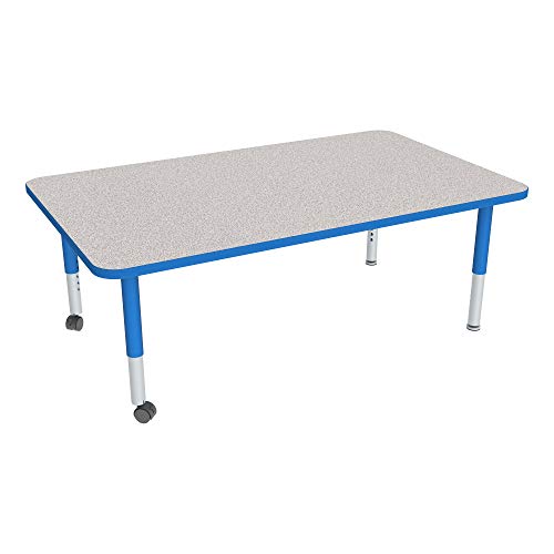 Image of Sprogs Adjustable Height Mobile Classroom Activity Table for Preschools, Rectangle Preschool Activity Table with Casters, 36 inchD x 72 inchW x 23 inchH, Gray /Blue