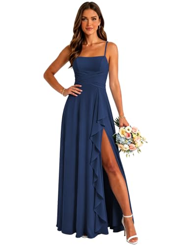 KIHVBJ Square Neck Bridesmaid Dresses with Slit for Women Navy Blue Pleated Chiffon Ruffles A-line Empire Waist Formal Prom Gowns Size 4