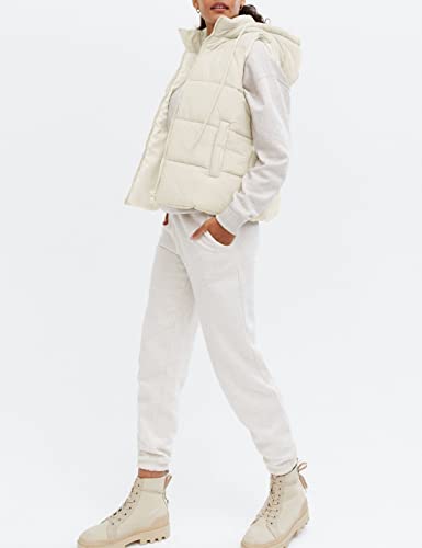 Huaqiao Women's Hooded Puffer Vest Detachable Hood Quilted Padded Gilet Jacket Lightweight Warm Outerwear(Beige-M) #TOP2