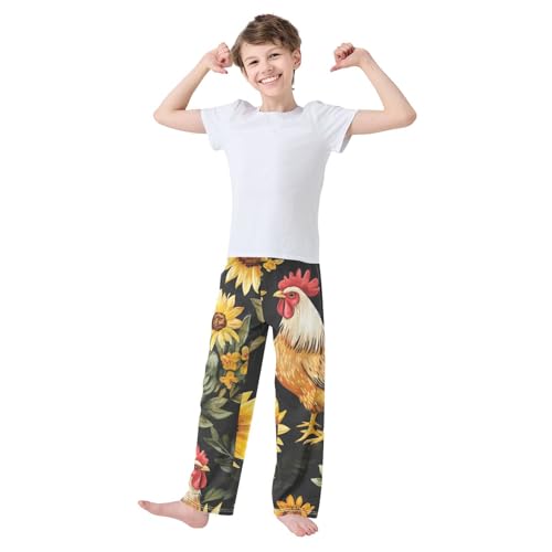 ZZXXB Rooster and Sunflowers Boys Long Pants Soft Trousers Elastic Waist Kids Lounge Bottoms with Pockets S-XL2