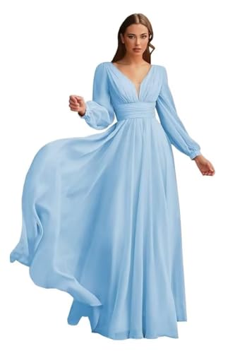 Chiffon Bridesmaid Dresses Long Pleated for Women V Neck Formal Party Maxi Gown with Long Puffy Sleeves DR0109