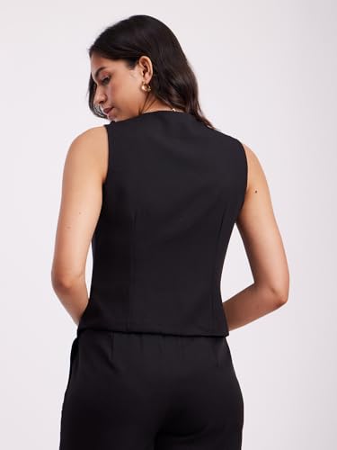 Image of FableStreet Women Formal Top | Tailored Fit Sleeveless V-Neck Solid Black Design | Smooth Moss Lycra Fabric For Office Wear & Business Casual Occasions