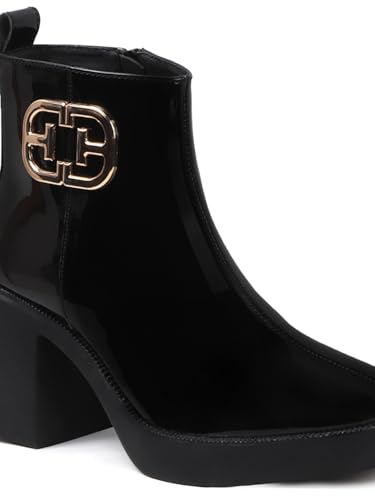 Image of ELLE Women's Glossy Platform Ankle Bootie Chunky Heel with Gold-Tone Emblem
