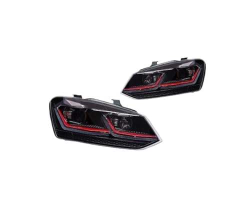 JINLE-FUN Headlights Compatible with VW POLO GTI 2010-2018 DRL Day Running Light Head Lamp LED Bi Xenon Bulb Fog Lights Tuning POLO Compatible with TSI Car Accessory(Red,Right-Hand Drive Car)