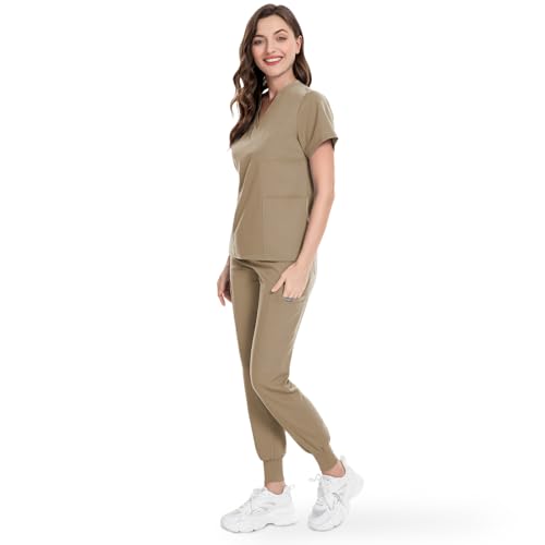 niaahinn Scrubs Top with V-Neck & Multifunctional Pocket Jogger Pants Scrub Suit Medical Uniform for Women (Brown, L)