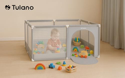 Tulano Cozy 20 kojec dla niemowląt, 130 x 130 cm, z podłogą, kratka do zabawy dla dzieci w wieku od 6 do 36 miesięcy, przenośny, do użytku wewnątrz i na zewnątrz, składana ścianka z siatki, metalowa