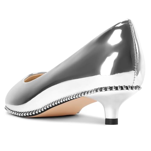 Image of Aachcol Womens Low Heel Pointed Toe Pumps Silver Beaded Kitten Heels Slip-on Comfortable Office Dress Shoes 1.4 Inches Heels