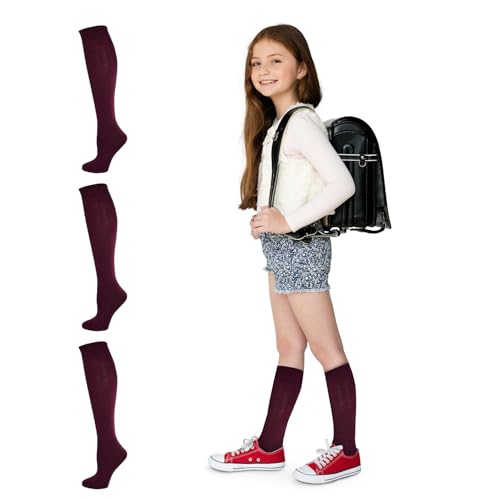 3 Pairs Girls Combed Cotton Knee High Socks - School Uniform Sock Long Socks for Girls, Teens and Women - Seamless Dress Sock