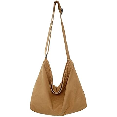 Retro Canvas Frayed Crossbody Bag Unisex Shoulder Bag Hobo Bag with Zipper Adjustable Strap Distressed Washed Tote, B-brown Cover