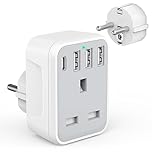 UK to European Travel Adaptor with 4 USB Ports(1 USB C), Grounded EU Euro Europe to UK Power Plug Adapter for Germany Spain France Iceland Greece Poland Netherlands Austria Turkey etc (Type E/F)