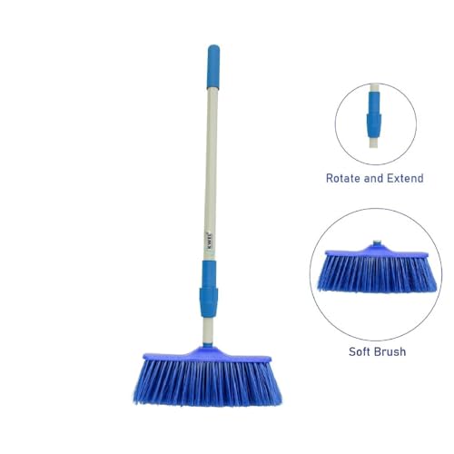 Image of KWEL MR Broom with Soft Brush Comes with a 4ft Extendable Telescopic Rod for Easy and Flexible Cleaning Floors Long Handle Dust Cleaning Brush for Tiles, Carpet. (Set of 1) Blue