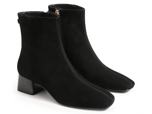 Coutgo Womens Ankle Boots Chunky Low Heel Square Toe Booties Side Zipper Winter Dress Shoes, Black, Size 10