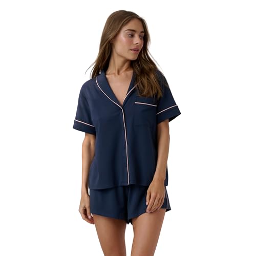 Lunya Slumberknit™ Shawl Collar Short Sleeve Set – Cotton Pajama Set with Button Down Top and High Rise Shorts, Deep Blue/Delicate Pink, XL
