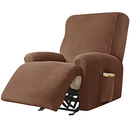 ベロア ストレッチ リクライニングチェアカバー, 4 ピース リクライニングカバー シャギー リクライニングチェアカバー 滑り止め リクライニングチェア ソファーカバー サイドポケット付き 取り外し可能 洗濯可能 用 リビングルーム-コーヒー -1 人乗り
