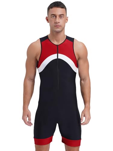 YEAHDOR Men's One Piece Sleeveless Surfing Swimsuit Front Zip Shorty Wetsuit Bodysuit Sun Protection Swimwear Red Large