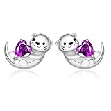 Cute Otter Earrings for Women - 925 Sterling Silver Birthstone Sea Otter Stud Earrings Cute Animal Stud Heart-Shaped CZ Hypoallergenic Jewelry Gift (Birthstone Jun.)