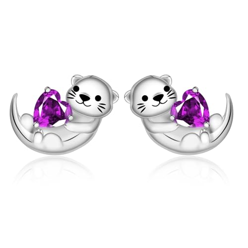 Cute Otter Earrings for Women - 925 Sterling Silver Birthstone Sea Otter Stud Earrings Cute Animal Stud Heart-Shaped CZ Hypoallergenic Jewelry Gift (Birthstone Jun.)